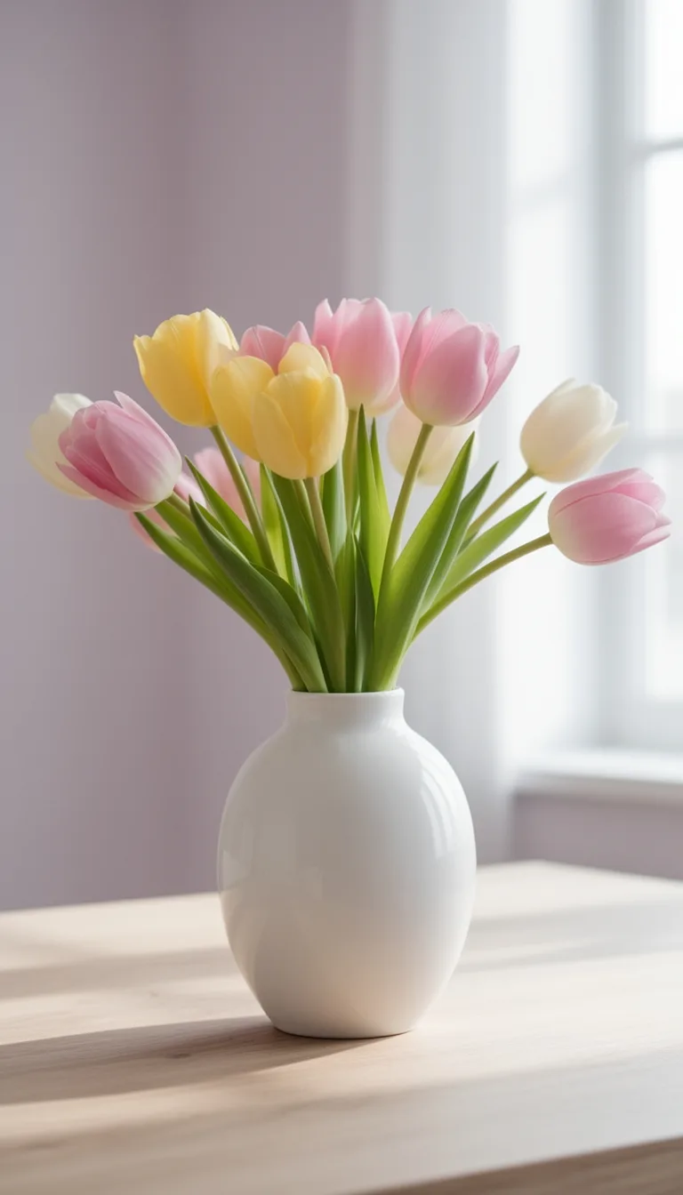 minimalist white vase tulips