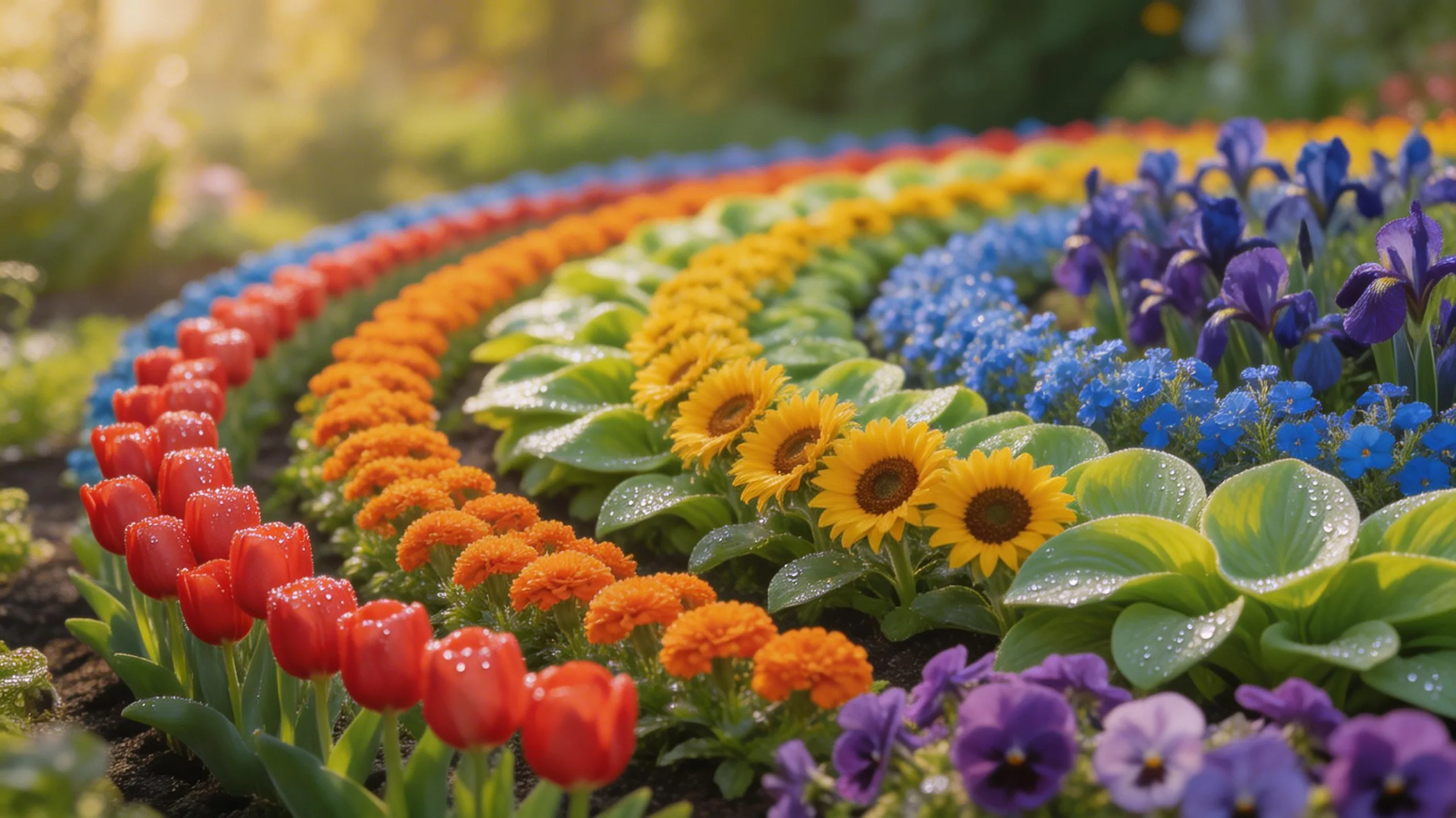 organized curving rainbow flowerbed