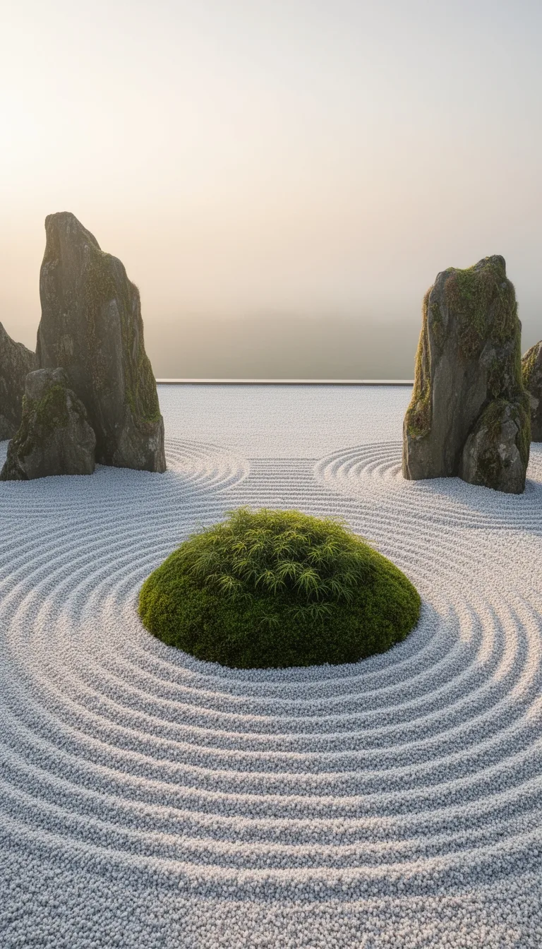 raked gravel with moss