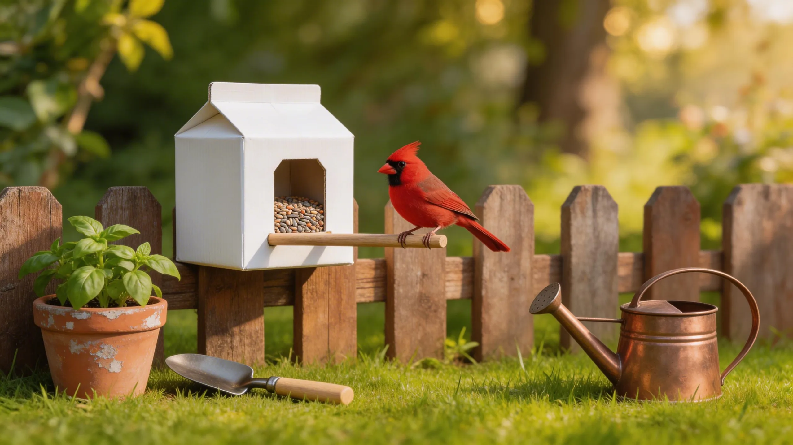 repurposed milk carton birdfeeder