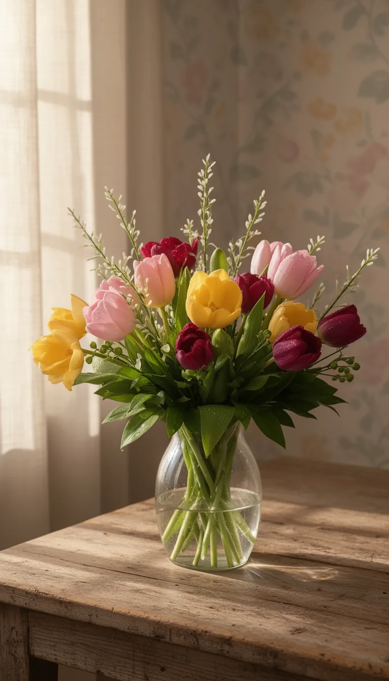 tiered pastel and variegated tulips