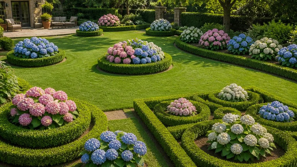 classic hydrangea and boxwood landscaping