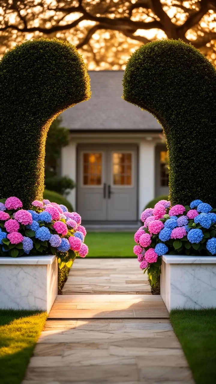 entryway topiary framing symmetry
