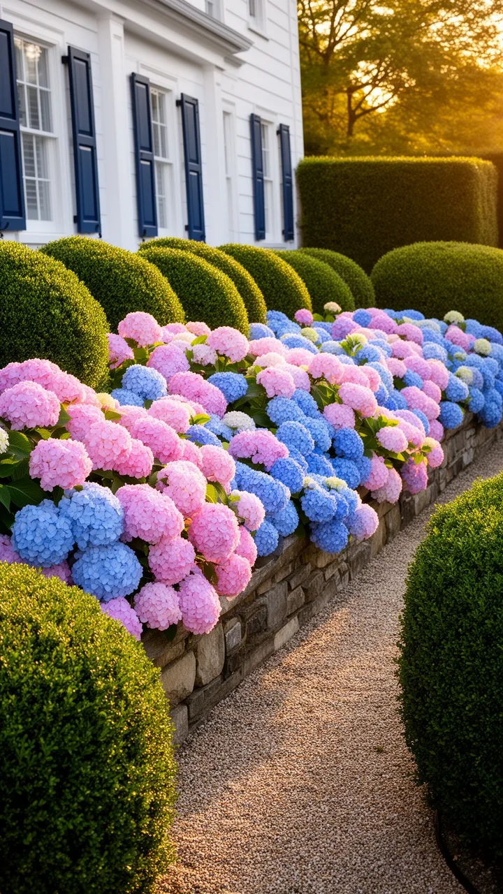 hydrangeas complement boxwood hedges